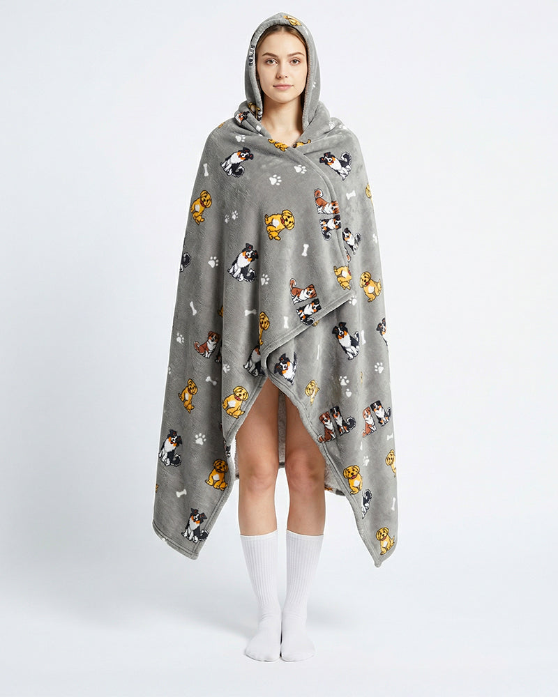 Bloozie Koc Sherpa z kapturem - Szare Pieski